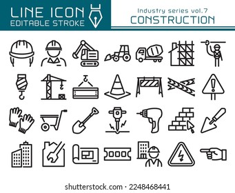 Construction vector icon set. Editable line stroke.