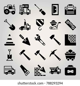 Construction vector icon set. hammer, toolbox, saw and tractor