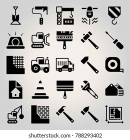 Construction vector icon set. hammer, blueprint, paint roller and crane