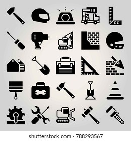 Construction vector icon set. helmet, shovel, repair tool and siren