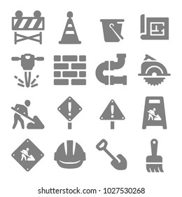 Construction vector icon set. Included the icons as pipe, sign, helmet, circular saw, blueprint, brick wall, under construction, brush, hoe and more.