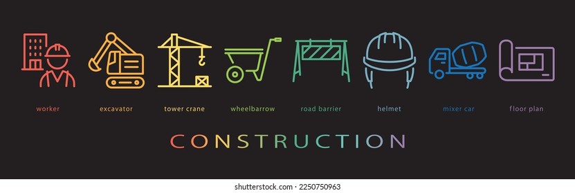 Construction vector icon set. neon color on black background.