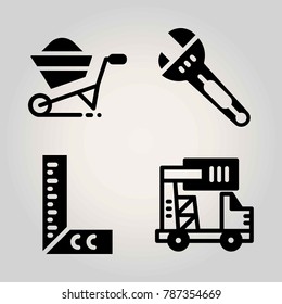 Construction vector icon set. ruler, wheelbarrow, wrench and truck