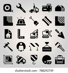 Construction vector icon set. ruler, bulldozer, trowel and concrete mixer