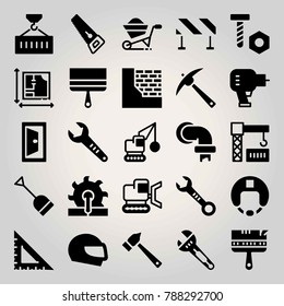 Construction vector icon set. screw, paint brush, driller and crane