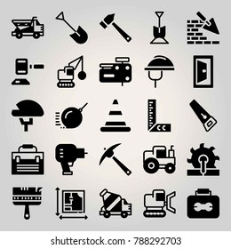 Construction vector icon set. shovel, nail gun, tractor and driller