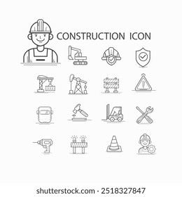 Conjunto de ícone de vetor de construção. sirene, serra, pincel de tinta e capacete