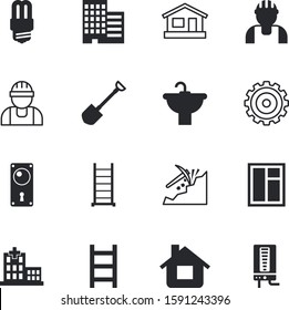 construction vector icon set such as: downtown, lamps, heat, workers, machine, toilet, garden, workforce, steel, maintenance, thermal, electricity, template, workman, build, screws, cooperation, hot