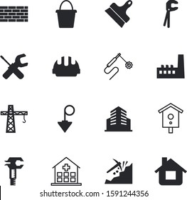 construction vector icon set such as: medicine, team, pollution, vertical, button, medic, nesting, brick, square, factory, smoke, calipers, hospital, birdhouse, centimeter, cement, handle, danger