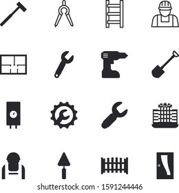 construction vector icon set such as: divider, school, tomahawk, warming, urban, staircase, trowel, water, working, convenience, exit, hammer, pattern, repairman, plumber, agricultural, blade