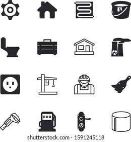 construction vector icon set such as: screws, support, steel, communication, petroleum, auto, flooring, workshop, environment, logo, knob, bowl, gardening, man, supply, person, container, wc, heated