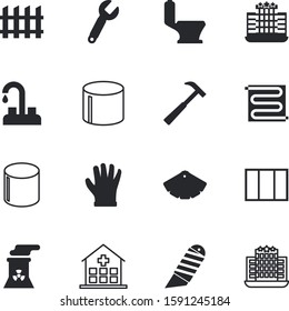 construction vector icon set such as: protective, stationery, toolkit, sharp, razor, wrench, banner, pair, view, medic, ambulance, innovation, flow, privacy, gate, dynamic, smoke, cutter, healthy