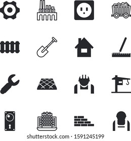 construction vector icon set such as: furniture, tower, blue, scale, ruler, cog, toolbox, iron, cartoon, character, circle, wrench, lock, adapter, exterior, privacy, voltage, heat, unplugged