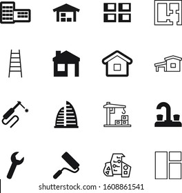 construction vector icon set such as: decorative, cottage, platen, engineering, bolt, support, energy, technology, improvement, blueprint, machinery, image, hangar, step, bathtub, front, torch