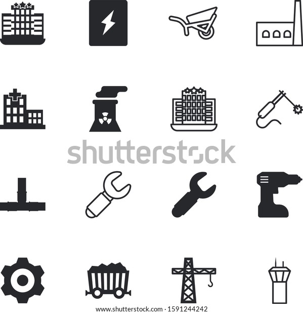 construction vector icon set such as:\
manufacturing, nuclear, garden, battery, light, shovel, instrument,\
gears, visor, decoration, craftsman, plug, abstract, terminal,\
board, cable, job, weld,\
torch