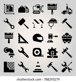 Construction vector icon set. toolbox, barrier, cone and saw