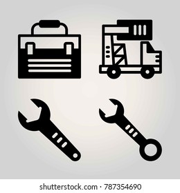 Construction vector icon set. truck, toolbox and wrench