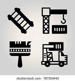 Construction vector icon set. truck, paint brush, crane and ladder