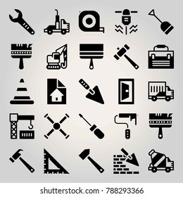 Construction vector icon set. truck, tube, paint roller and concrete mixer