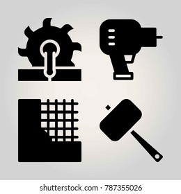 Construction vector icon set. wall, driller, saw and hammer