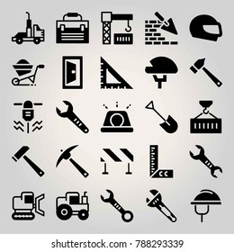 Construction vector icon set. wrench, hammer, truck and bulldozer