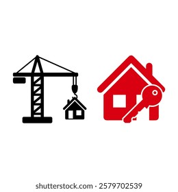 construction vector icons: crane and building, key