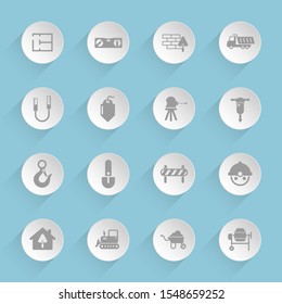 Construction vector icons on round puffy paper circles with transparent shadows on blue background. Stock vector icons for web, mobile and user interface design