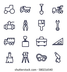 Construction vector icons. Set of 16 Construction outline icons such as toolbox, wrench, shovel, nippers, brush, truck, tractor, crane, hook with cargo, theodolite, nail gun