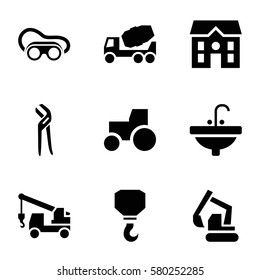Construction vector icons. Set of 9 Construction filled icons such as house, concrete mixer, sink, excavator, tractor, truck with hook, hook, pliers