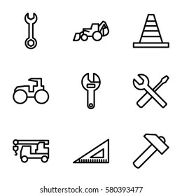 Construction vector icons. Set of 9 Construction outline icons such as wrench, cone, hummer, excavator, tractor, truck with hook, ruler