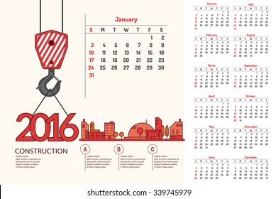 Construction. Vector illustration of calendar for 2016.