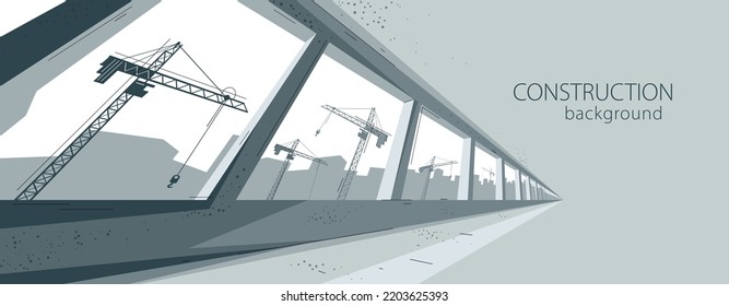 Ilustración vectorial de construcción, interior de construcción inacabado en progreso y grúas más allá de la ventana construyen rascacielos, ciudad en ascenso, industria.