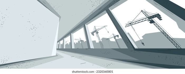 Construction vector illustration, unfinished building interior in progress and cranes beyond the window builds skyscrapers, rising city, industry.