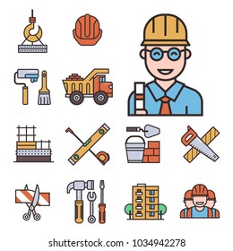 Construction vector linear icons universal building elements and worker equipment flat industry tools illustration.