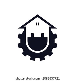 construction vector logo design. combination of housing, gear, power plug in one design.
