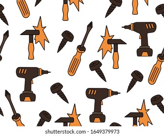 Construction vector seamless pattern with metallic nails, hammers and electric screwdrivers. Building tools set