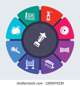 construction vector template for infographics. Business concept with 9 options, steps, parts, segments. Banner infographic cycling diagram, round chart, Bolster, print, blowtorch, blade saw icons