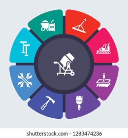 construction vector template for infographics. Business concept with 9 options, steps, parts, segments. Banner infographic cycling diagram, round chart, cement mixers, Cement, Bump cutter icons