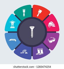 construction vector template for infographics. Business concept with 9 options, steps, parts, segments. Banner infographic cycling diagram, round chart, Screw, Scratcher tool, Scraper icons