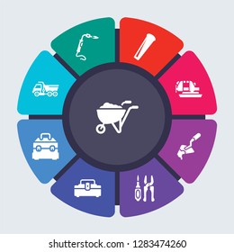 construction vector template for infographics. Business concept with 9 options, steps, parts, segments. Banner infographic cycling diagram, round chart, Wheel barrow, Welding, Wedge tool icons