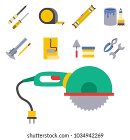 Construction vector worker equipment house renovation handyman tools carpentry industry illustration.