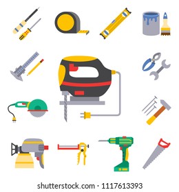 Construction vector worker equipment house renovation handyman tools carpentry industry illustration.