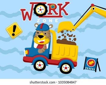 construction vehicle cartoon vector with funny tiger driver, construction elements illustration