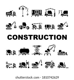 Vector De Juego De Iconos De Colección De Vehículos De Construcción. Grúa De Construcción Y Bulldozer, Cargador De Ruedas Y Esquíes, Ascensor De Sensores Y Pictogramas Lineales De Concreto. Ilustraciones de contorno