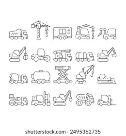 Construction Vehicle Collection Icons Set Vector. Construction Crane And Bulldozer, Wheel And Skid Loader, Scissor Lift And Concrete Mixer Black Contour Illustrations