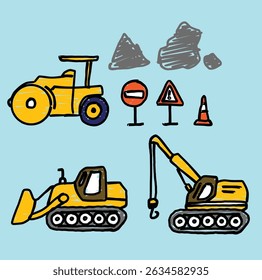 Juego de Vector doodle de vehículo de construcción