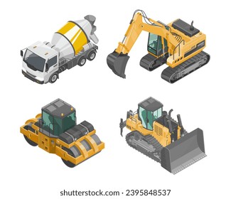 Construction vehicle Double Drum tractor excavato Bulldozer quarry backhoe heavy machine work machinery isometric isolated cartoon vector