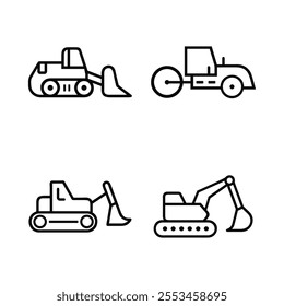 Construction Vehicle Excavator Bulldozer Mixer Truck Road Roller Line Art Icon Set Vector