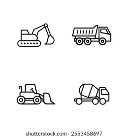 Construction Vehicle Excavator Bulldozer Mixer Truck Road Roller Line Art Icon Set Vector