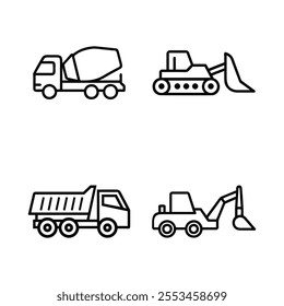 Construction Vehicle Excavator Bulldozer Mixer Truck Road Roller Line Art Icon Set Vector